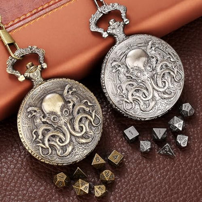 Mini DND Dice Set with Steampunk Double Eyed Octopus Pocket Watch Case, Tiny 7PCS Polyhedral Metal D&D Dice, DND Gifts with Gift Box, Role Playing Game Board Game Accessories Dice, Bronze - color: Bronze