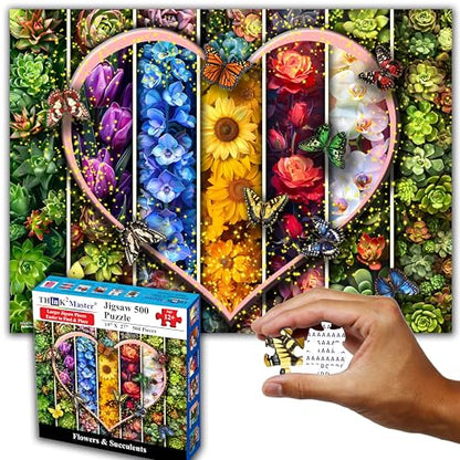 Think2Master Colorful Flowers Succulents & Butterflies 500 Pieces Very Large Pieces Jigsaw Puzzle for 13+ Adults & Seniors. Beautiful Vibrant Heart Valentine's Day Illustration 26.8” X 18.9” - style: Flowers & Succulents