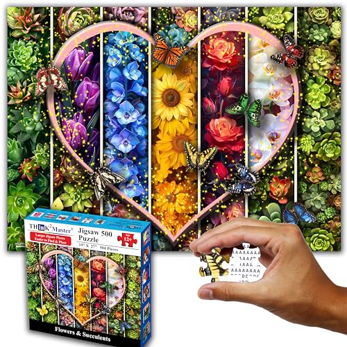 Think2Master Colorful Flowers Succulents & Butterflies 500 Pieces Very Large Pieces Jigsaw Puzzle for 13+ Adults & Seniors. Beautiful Vibrant Heart Valentine's Day Illustration 26.8” X 18.9” - style: Flowers & Succulents