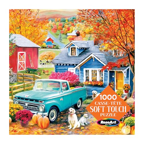 RoseArt - Soft Touch - Autumn Hill Cottage - 1000 Piece Jigsaw Puzzle, Autumn Country Scene Puzzle for Adults - Made in USA - style: Autumn Hill Cottage