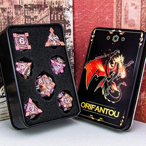 7PCS Metal DND Dice Set with Box, Debris RPG Red D and D Dice for D&D Tabletop Games Role Playing Game, Polyhedral Dice Set D20 D12 D10 D8 D6 D4 - color: Red White