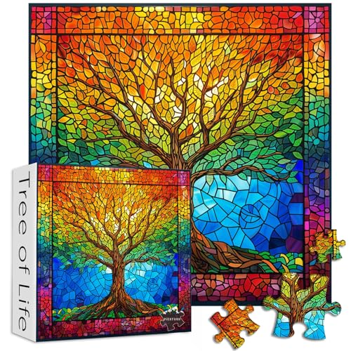 PICKFORU Stained Glass Puzzles for Adults 1000 Pieces and up, Mosaic Tree of Life Puzzle Unique Rainbow Puzzles, Colorful Difficult Jigsaw Puzzles for Adults - style: Tree of Life