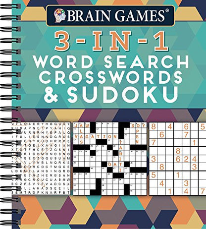 Brain Games - 3-In-1 Puzzle Book: Word Search, Crosswords & Sudoku | 256 Pages, Spiral Bound | Large Variety Activity Book for Adults, Seniors, Teens