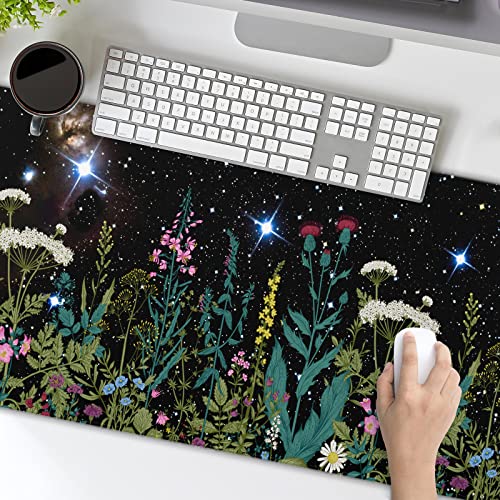 Black Aesthetic Wildflower Large Mouse Pad XXL Space Galaxy Weeds Herb Cute Floral Extended Large Desk Mat Big Desk Pad 90X40 CM Non-Slip Rubber Base Stitched Edge Long Mousepad,35.4 x 15.7 Inch - color: Blackherb, size: 35.4 x 15.7 inches
