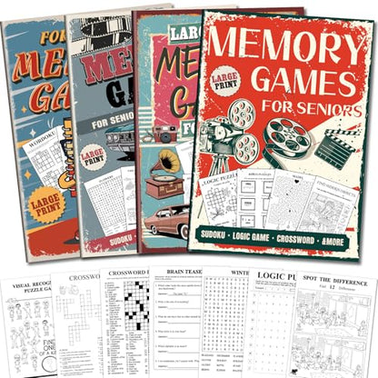 Elfew 4 Pack Large Print Activity Books for Seniors & Adults | 150+ Memory Games, 16 in 1 Puzzle Books, Variety Brain Games: Word Search, Sudoku, Mazes, Crosswords, Gifts for Women & Men