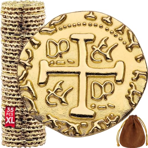 Leib Games Large Gold Metal Pirate Coins - 35 Leprechaun Metal Gold Coins for St Patricks Day, Game Tokens, Toys & Cosplay - Fake Tokens Set for Pirate Treasure Chest - Diameter: 1.18" - size: 35 Pcs