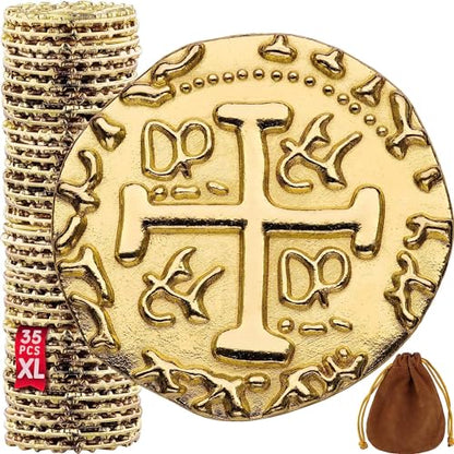 Leib Games Large Gold Metal Pirate Coins - 35 Leprechaun Metal Gold Coins for St Patricks Day, Game Tokens, Toys & Cosplay - Fake Tokens Set for Pirate Treasure Chest - Diameter: 1.18" - size: 35 Pcs