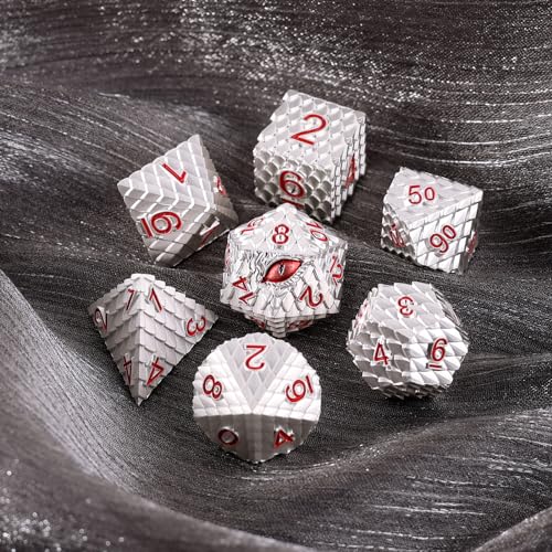 Metal Dice Set D&D,7 PCS Dragon Scale Metallic DND Dice Set,Dragon Eye Metal Dice with Gift Metal Box for Dungeons and Dragon Tabletop Game (White Dragon Scale & Red Eye) - color: White Dragon Scale & Red Eye