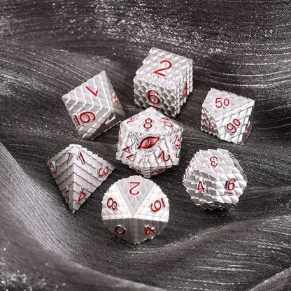 Metal Dice Set D&D,7 PCS Dragon Scale Metallic DND Dice Set,Dragon Eye Metal Dice with Gift Metal Box for Dungeons and Dragon Tabletop Game (White Dragon Scale & Red Eye) - color: White Dragon Scale & Red Eye