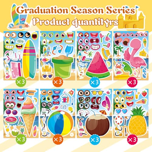Summer Stickers, Make a Face Sticker, Hawaii Luau DIY Craft Activities | 24 Sheets Make your own Stickers, Flamingo Watermelon Pineapple Beach Party Favors for Kids Toddlers - style: 24 Sheets Summer Stickers