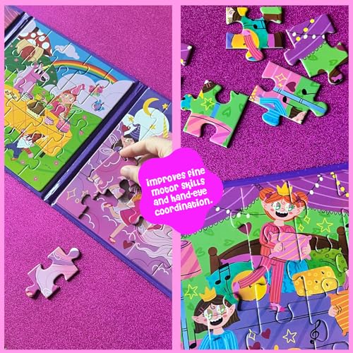 Dinomini Magnetic Puzzles for Toddlers 3-5 - Tri Fold Set with 3 x 20 Piece Magnetic Puzzles - Travel Activities for Preschoolers - Learning Activities and Toys (Fairies & Princesses)