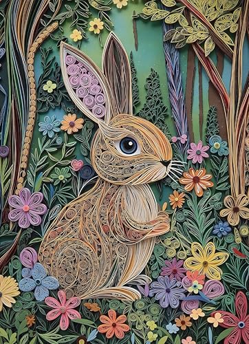Jigsaw Puzzles for Adults 1000 Pieces, Quilling Rabbit | Rabbit Bunny Art with Forest Floral Scene, Challenging Easter Puzzle for Family Game Night Home Decor, 20x27 Inches - color: Quilling Rabbit