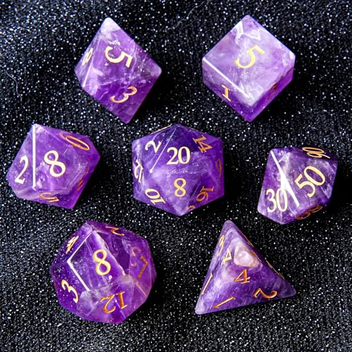 Amethyst Crystal DND Dice Set 7 PCS Gemstone Suitable for Dungeons and Dragons Dice for Polyhedral Dice for D & DRPG Games (Amethyst - color: Amethyst