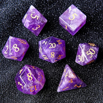 Amethyst Crystal DND Dice Set 7 PCS Gemstone Suitable for Dungeons and Dragons Dice for Polyhedral Dice for D & DRPG Games (Amethyst - color: Amethyst