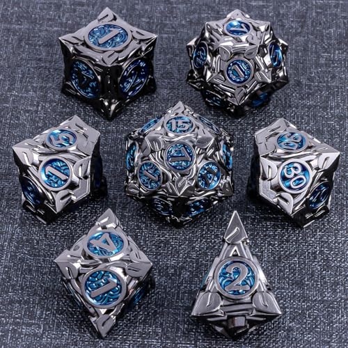 KERWELLSI Metal DND Dice Set D&D, 7Pcs Nature Vines Leaf Role Playing Dice with Gift Box, Black Blue Dungeons Dragons D and D Game Dice D20 D12 D10 D8 D6 D4