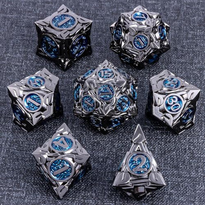 KERWELLSI Metal DND Dice Set D&D, 7Pcs Nature Vines Leaf Role Playing Dice with Gift Box, Black Blue Dungeons Dragons D and D Game Dice D20 D12 D10 D8 D6 D4