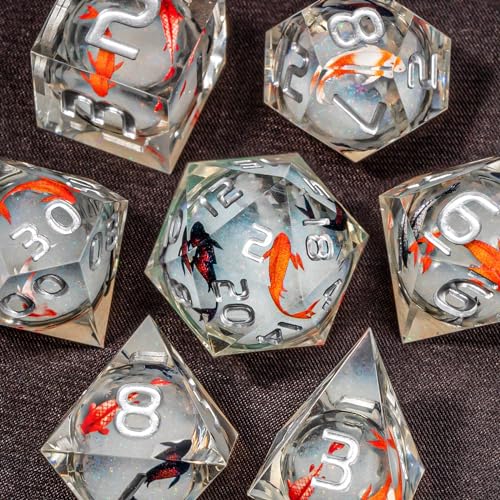 OUKELANWO Liquid Core Koi Fish DND Dice Set with Box, 7Pcs Sharp Edge Resin Role Playing D&D Dice, Ocean D and D D20 D12 D10 D8 D6 D4 Dice