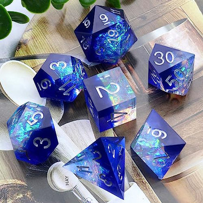 Haxtec Sharp Edge DND Dice Set, Holographic Resin Polyhedral RPG Dice | Blue D&D Dice for Role Playing Games, Compatible with Dungeons and Dragons, Handmade 7-Die with Metal Case, TTRPG Gifts - color: Blue Silver