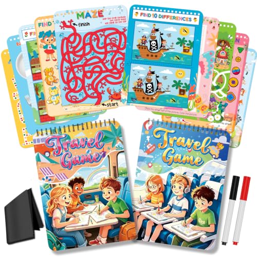 Elfew 2 Pack Reusable Wipe Clean Travel Game Activity Books for Kids 8-12 | 11 in 1 Types of Games, Reusable, PET Lamination, Spiral Binding, Portable, Designed for Travel, Tear Resistant, - color: Travel Game Book-2