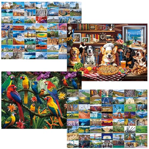 BenBen 4 Pack 1000 Piece Puzzle for Adults, Thick Cardboard Pieces | World Landscape, USA Landmarks, Dogs' Dinner Party, Jungle Parrots Jigsaw Puzzles with Letters or Patterns on Back