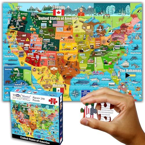 Think2Master United States Map 250 Pieces Jigsaw Puzzle. Great Gift for Adults & Seniors. Easier to Handle Larger Pieces. Size: 14.2” X 19.3” - style: Map of USA