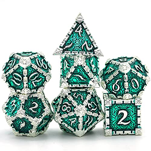 Cusdie 7 Pcs Metal Dice with Metal Box, Dagger Design Polyhedral DND Dice Set, for Role Playing Game D&D Dice (Silver Green) - color: Silver Green
