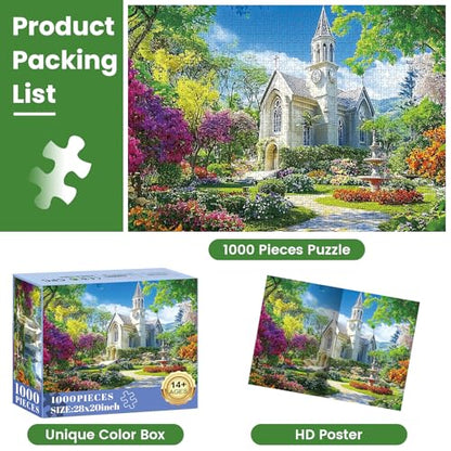 1000 Piece Puzzle for Adults,Little Chapel Puzzles,Beautiful Garden Countryside Jigsaw Puzzles 1000 Pieces,Fun Christian Puzzle for Adults Kids Seniors,Challenging Family Game Great Gift Idea,28x20 in - style: Little Chapel