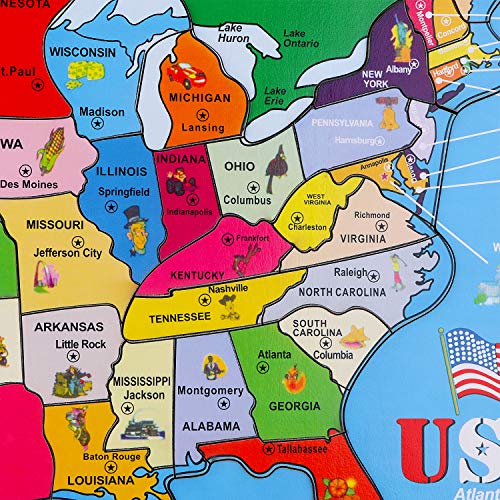 Wooden USA Map Puzzle, 46 Pieces US Map Puzzle for Kids, Educational Geography Puzzles United States Map Puzzle for Boys Girls Birthday Gift