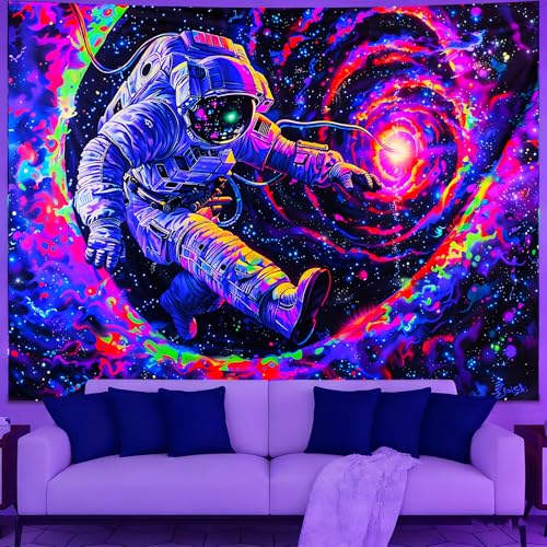 KKYEJLQYI Neon Fluorescent Wall Tapestry, UV Blacklight Reactive, 78.74x59 Inches, Polyester Fabric, Cyber Art Triptych Design, Multi-Color Glow Effect for Bedroom Dorm Living Room (Astronaut-4) - color: Astronaut-4