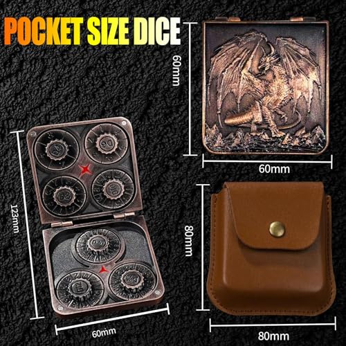 Metal DND Dice Set 7-in-1 D4-D20 3D Dragon Case Leather Bag Copper | 7 in 1 metal polyhedral dice. D4-D20 dnd spinner. 3D dragon case. Leather storage bag. Zinc alloy. DND RPG TTRPG gift. - color: Ancient Coper