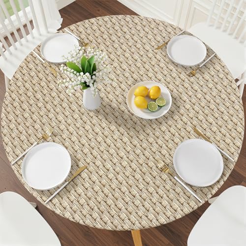 Smiry Round Picnic Tablecloth, Wipeable Flannel Backed Vinyl Tablecloths for 45" - 56" Tables, Waterproof Elastic Fitted Table Covers for Camping, Indoor, Outdoor, Khaki - color: Khaki, size: For Up to 45"-56" Round
