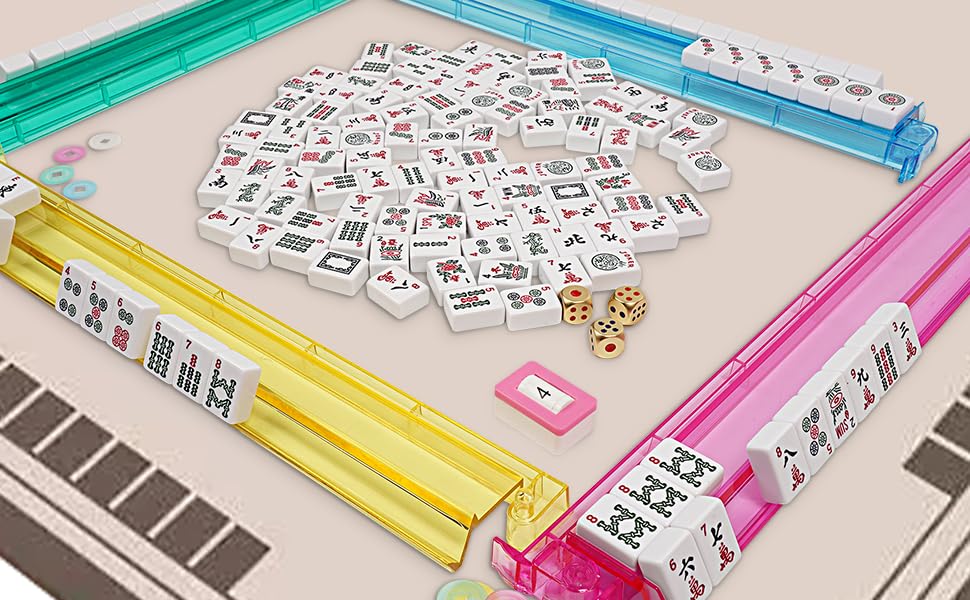 American Mahjong Tile Set, 166 White Tiles with Bag and Accessories | 4 All-in-One Color Pusher and Racks, Mah jongg Sets with 3 Golden Dics (Ma Jong) (Light Green)