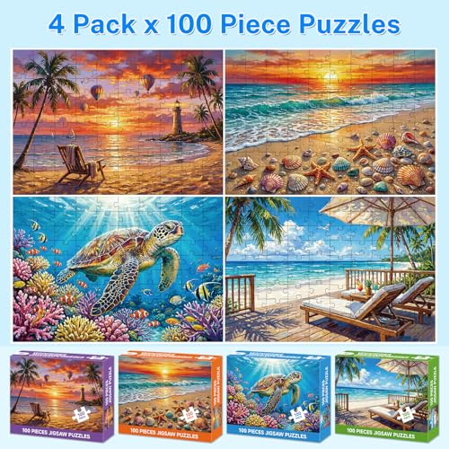 4-Pack 100 Piece Puzzles for Adults Seniors, Nature Landscape Jigsaw Puzzles 100 Pieces, Beach Resort Turtle Sunset Lighthouse Large Piece Jigsaw Puzzles for Seniors Adults Family Game Gifts 15"x11"