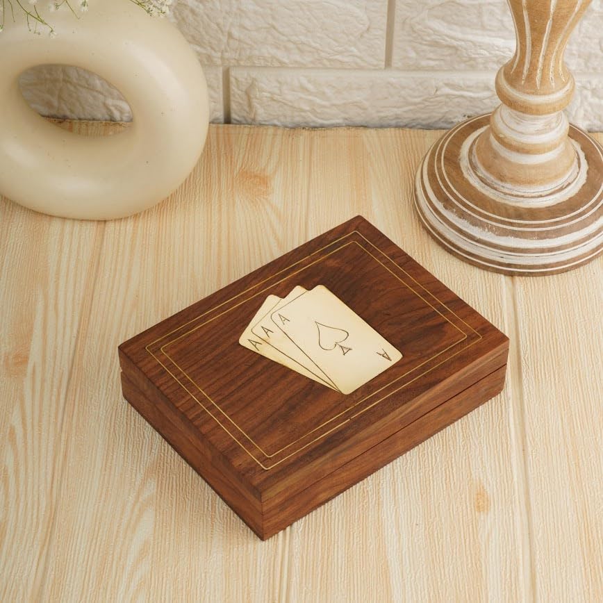 Ajuny Wooden Playing Card Box Brass Inlay Double Deck Set - 6x4.5x1.6 Inch | Poker and Bridge Accessory for Game Nights Travel and Entertaining Thoughtful Anniversary Wedding or Housewarming Present