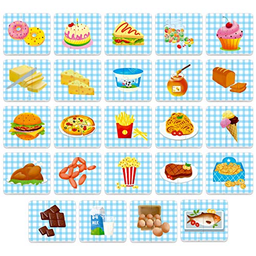 48 Food Matching Puzzles with Error-Correction Mechanism Pre-Primer in 2 Pieces, Perfect for Preschool Learning (24 Blocks Double Sided) - style: Food