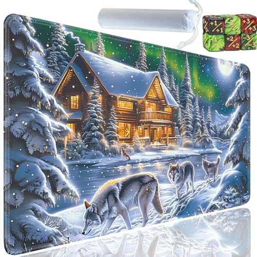 Playmat for MTG, 24x14 Inches Playmats, for TCG and CCG Trading Card Game Mat, Non-Slip Rubber for MTG Playmats with A Storage Bag and 6 Dice Set, Wolves and Cabins Pattern - color: Yu-Playmat-1-E138
