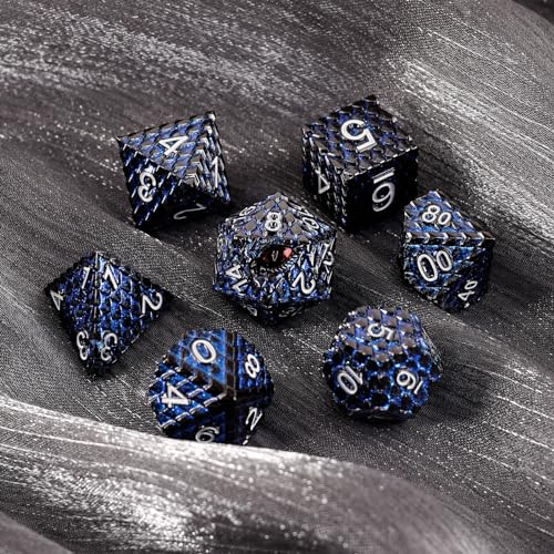Dragon Eye Metal Dice Set, 7 Pcs Dragon Scale Metallic Dice Set, Gift Metal Box for Dungeons and Dragon Tabletop Game (Glitter Blue Dragon Scale & Red Eye) - color: Glitter Blue Dragon Scale & Red Eye