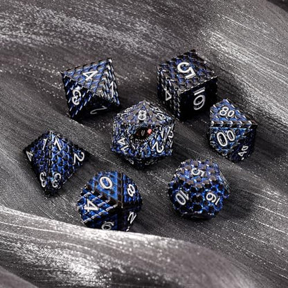 Dragon Eye Metal Dice Set, 7 Pcs Dragon Scale Metallic Dice Set, Gift Metal Box for Dungeons and Dragon Tabletop Game (Glitter Blue Dragon Scale & Red Eye) - color: Glitter Blue Dragon Scale & Red Eye