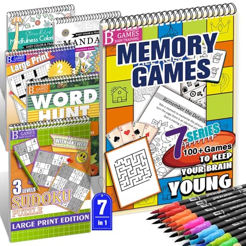 Memory Activity Book Set for Seniors Large Print 6 Books & 24 Color Markers | 350+ Brain Exercises that Spark Joy | 6-in-1 Spiral Bound Book Set for Adults with Sudoku & Crosswords& Mandala Coloring Book - color: Memory Activities1_7pcs