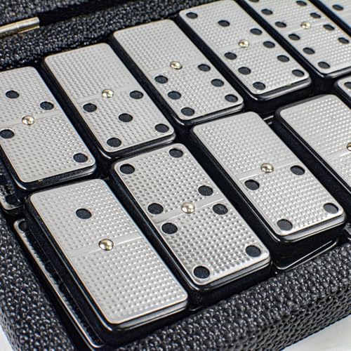 Bucher&Rossini Metal Surface Dominoes Set Double 6 - Classic Black Domino's Game Set with Silver Metal Surface Dominos Set for Adults and Kids Ideal Gift for Domino Players or Family Game Night - color: Silver New - Double 6