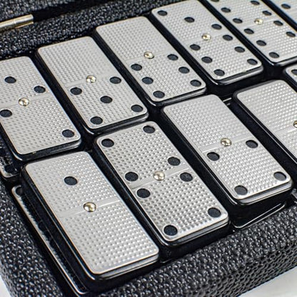Bucher&Rossini Metal Surface Dominoes Set Double 6 - Classic Black Domino's Game Set with Silver Metal Surface Dominos Set for Adults and Kids Ideal Gift for Domino Players or Family Game Night - color: Silver New - Double 6