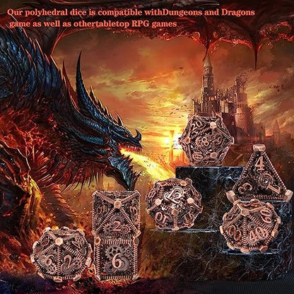 DND Metal Dice Set, UBEUCK 7PCS Gear Metal DND Dice Set for Dungeons & Dragons Board Games Boxes(Gear red Copper) - color: Gear Red Copper
