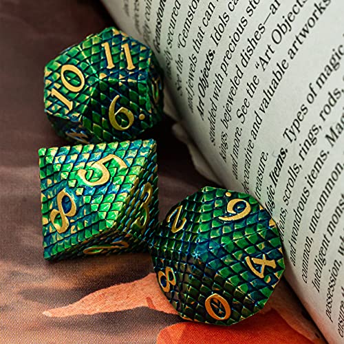 UDIXI Metal Dice Set D&D, 7-Die Dragon Scale Metal DND Dice Set Polyhedral for Role Playing Games and Other Tabletop Game (Green) - color: Dragon Scale-green and Blue
