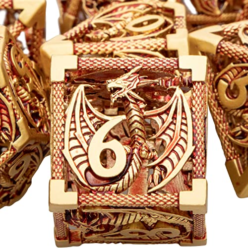 ARUOHHA Hollow DND Metal Dice Set Golden Red Dragons D and D Dice, RPG Role Playing Games Dungeons Polyhedral Dice with Gift Box D20 D12 D10 D8 D6 D4 - color: Golden Red