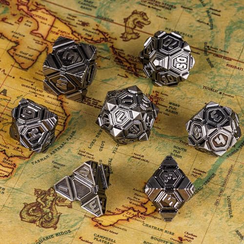 Metal UFO Dice Set, 7 Die Metal Polyhedral Dice Set for DND Dungeons and Dragons Role Playing Games,with Skull Bag.(Ancient Nickel) - color: Ancient Nickel