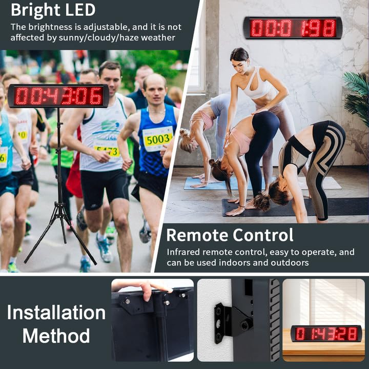 Portable 5 inch High 6 Digits LED Race Clock with Tripod for Running Events, Countdown/up Digital Race Timer, 12/24-Hour Clock,LED Stopwatch by Remote Control - style: Remote Control+Tripod