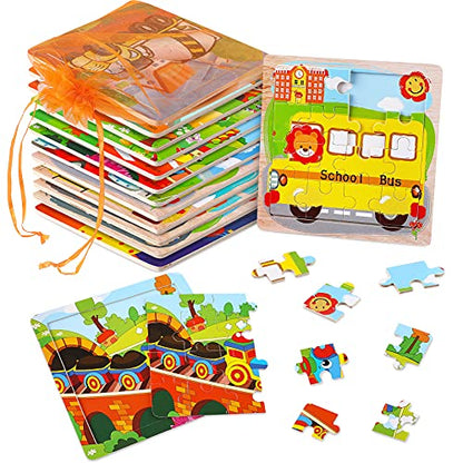 SANNIX 12 Pack Wooden Jigsaw Puzzles for Toddlers 3 4 5 Years Old | Party Favors Transportation Jigsaw for Kids, Educational Puzzles Travel Toy with 12 Organize Bags - style: Vehicles