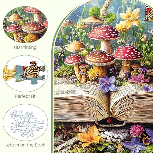 Colorful Fantasy Mushroom Book 500 Puzzles, Fun and Challenging | Puzzle for Family Time, Relaxing Gift for Adults, Seniors, 20.5 x 15 in - style: MUSHROOM BOOK