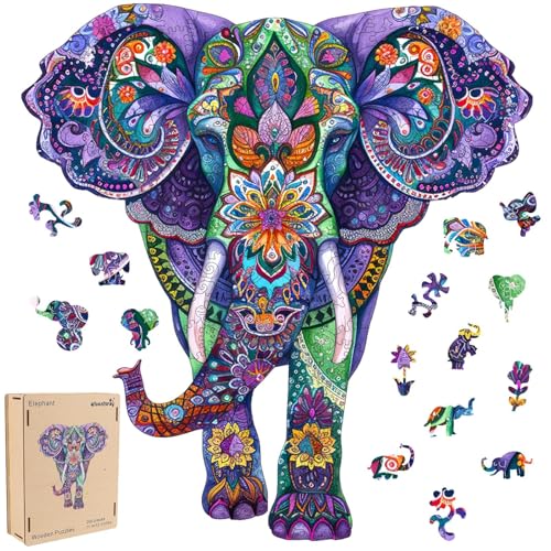 Qiuenisray Wooden Puzzles 500 Pieces, Elephant Challenging Jigsaw Puzzle | Animal Home Decor, FSC Certified Wood Adult Puzzle, Unique Animal Shape Puzzles, Creative Gift for Family Game 17.6x18.5 in - color: Elephant, size: 500pcs
