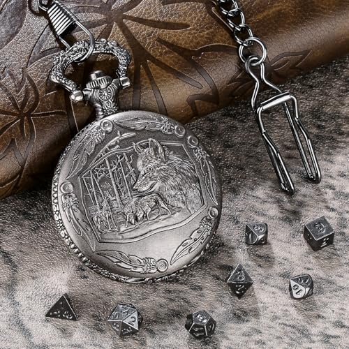 Mini DND Dice Set with Steampunk Wolf Pocket Watch Shell Case, 7pcs Polyhedral Metal D&D Dice Set, DND Gifts with Gift Box for Gamer, Role Playing Board Games Accessories, Dark Silver, Zinc Alloy - color: Dark Silver